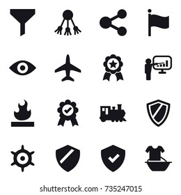 16 vector icon set : funnel, share, flag, eye, plane, medal, presentation, train, shield, handwheel, handle washing