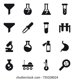 16 vector icon set : funnel, round flask, flask, vial, thermometer, viruses
