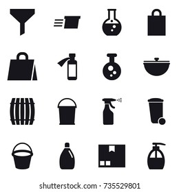 16 vector icon set : funnel, delivery, round flask, shopping bag, cauldron, barrel, bucket, sprayer, trash bin, cleanser, package, liquid soap