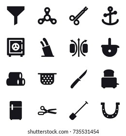 16 vector icon set : funnel, spinner, safe, stands for knives, colander, knife, scissors, shovel, horseshoe