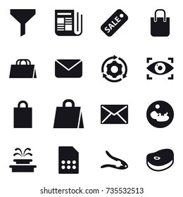 16 vector icon set : funnel, newspaper, sale, shopping bag, mail, around gear, eye identity, fountain, walnut crack