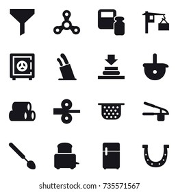 16 vector icon set : funnel, spinner, scales weight, safe, stands for knives, colander, garlic clasp, big spoon, horseshoe