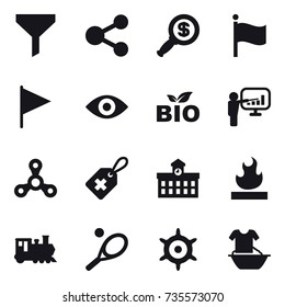 16 vector icon set : funnel, share, dollar magnifier, flag, eye, bio, presentation, spinner, university, train, tennis, handwheel, handle washing