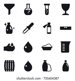 16 vector icon set : funnel, round flask, vial, wineglass, cleanser, level, drop, washing, measuring cup, barrel, shampoo