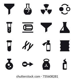 16 vector icon set : funnel, round flask, nuclear, quantum bond, vial, nanotube, fertilizer, toilet cleanser