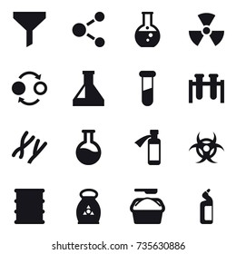 16 vector icon set : funnel, molecule, round flask, nuclear, quantum bond, fertilizer, washing powder, toilet cleanser