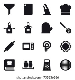16 vector icon set : funnel, cutting board, stands for knives, cook hat, apron, cook glove, skimmer, rolling pin