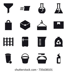 16 vector icon set : funnel, delivery, round flask, flask, shopping bag, box, fridge, measuring cup, garbage bag, trash bin, bucket, washing powder, toilet cleanser