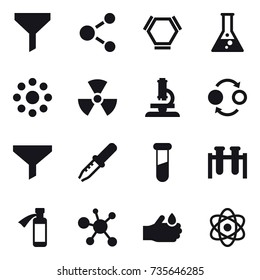 16 vector icon set : funnel, molecule, hex molecule, flask, round around, nuclear, microscope, quantum bond