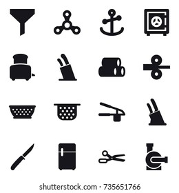 16 vector icon set : funnel, spinner, safe, toaster, stands for knives, kolander, colander, garlic clasp, knife holder, knife, scissors, water pump