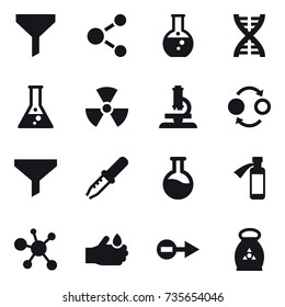 16 vector icon set : funnel, molecule, round flask, dna, flask, nuclear, microscope, quantum bond, fertilizer