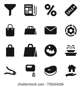 16 vector icon set : funnel, newspaper, percent, sale, shopping bag, mail, around gear, fountain, walnut crack, housing