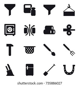 16 vector icon set : funnel, scales weight, safe, colander, big spoon, big fork, knife holder, shovel, horseshoe