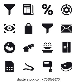 16 vector icon set : funnel, newspaper, percent, around gear, eye identity, shopping bag, mail, houses, fountain, fridge, walnut crack