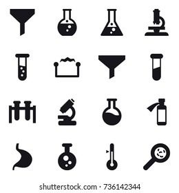 16 vector icon set : funnel, round flask, flask, microscope, vial, electrostatic, thermometer, viruses