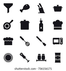 16 vector icon set : funnel, chicken leg, stands for knives, pan, cook hat, chef  hat, whisk, spatula