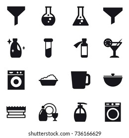 16 vector icon set : funnel, round flask, flask, cleanser, cocktail, washing machine, washing, cup, cauldron, sponge, dish cleanser, liquid soap
