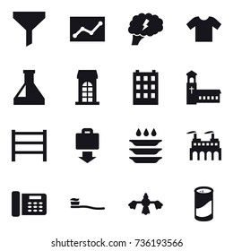 16 vector icon set : funnel, statistic, brain, t-shirt, building, church, baggage get, plate washing, tooth brush, hard reach place cleaning, cleanser powder