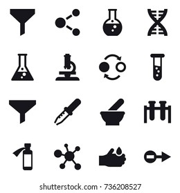 16 vector icon set : funnel, molecule, round flask, dna, flask, microscope, quantum bond, vial 16 vector icon set : funnel, molecule, round flask, dna, flask, microscope, quantum bond, vial