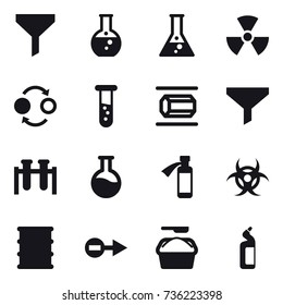 16 vector icon set : funnel, round flask, flask, nuclear, quantum bond, vial, nanotube, washing powder, toilet cleanser
