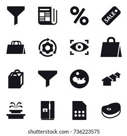 16 vector icon set : funnel, newspaper, percent, sale, shopping bag, around gear, eye identity, houses, fountain, fridge