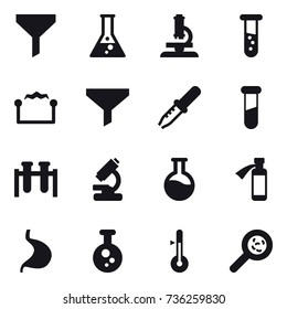 16 vector icon set : funnel, flask, microscope, vial, electrostatic, thermometer, viruses