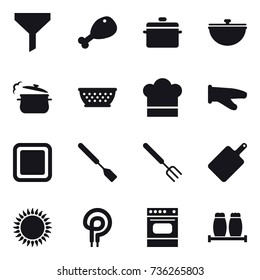 16 vector icon set : funnel, chicken leg, pan, cauldron, steam pan, kolander, cook hat, cook glove, cutting board, spatula, big fork