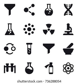 16 vector icon set : funnel, molecule, round flask, dna, flask, round around, nuclear, microscope, quantum bond, vial