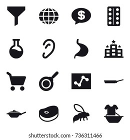 16 vector icon set : funnel, globe, money message, hotel, cart, pan, wasp, handle washing