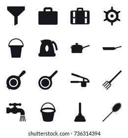 16 vector icon set : funnel, suitcase iocn, suitcase, handwheel, bucket, kettle, saute pan, pan, garlic clasp, fork, water tap, plunger, duster