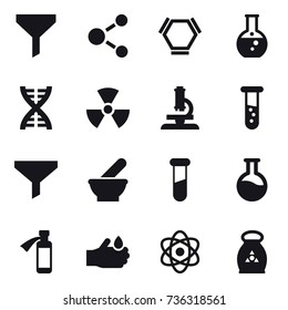 16 vector icon set : funnel, molecule, hex molecule, round flask, dna, nuclear, microscope, vial, fertilizer