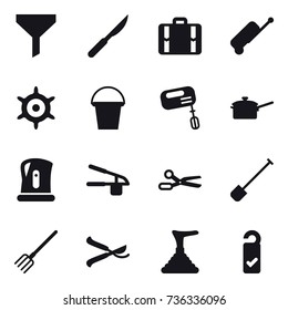 16 vector icon set : funnel, suitcase, handwheel, bucket, mixer, saute pan, kettle, garlic clasp, scissors, shovel, fork, pruner, plunger, please clean