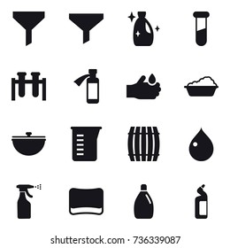 16 vector icon set : funnel, cleanser, washing, cauldron, measuring cup, barrel, drop, sprayer, sponge, toilet cleanser