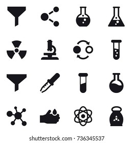 16 vector icon set : funnel, molecule, round flask, flask, nuclear, microscope, quantum bond, vial, fertilizer