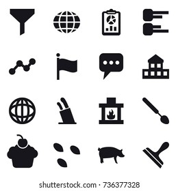 16 vector icon set : funnel, globe, report, diagram, graph, flag, message, cottage, stands for knives, fireplace, big spoon, seeds, pig, scraper