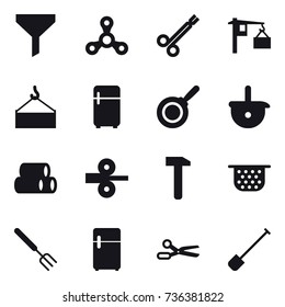 16 vector icon set : funnel, spinner, fridge, pan, colander, big fork, scissors, shovel