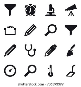 16 vector icon set : funnel, alarm clock, microscope, telescope, electrostatic, pencil, magnifier, construction, barometer, thermometer, scoop