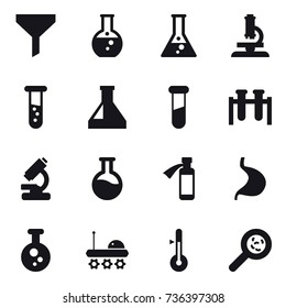 16 vector icon set : funnel, round flask, flask, microscope, vial, thermometer, viruses