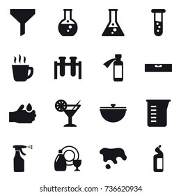 16 vector icon set : funnel, round flask, flask, vial, hot drink, level, cocktail, cauldron, measuring cup, sprayer, dish cleanser, spot, toilet cleanser
