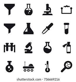 16 vector icon set : funnel, round flask, microscope, electrostatic, thermometer, viruses