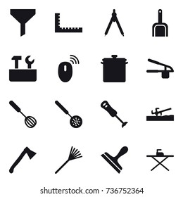16 vector icon set : funnel, ruler, drawing compass, scoop, repair tools, pan, garlic clasp, whisk, skimmer, soil cutter, axe, rake, scraper, iron board
