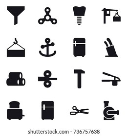 16 vector icon set : funnel, spinner, fridge, stands for knives, garlic clasp, scissors, water pump