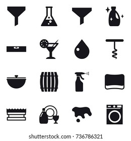 16 vector icon set : funnel, flask, cleanser, level, cocktail, drop, corkscrew, cauldron, barrel, sprayer, sponge, dish cleanser, spot, washing machine