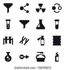 16 vector icon set : funnel, molecule, nuclear, quantum bond, vial, washing powder, toilet cleanser