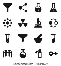 16 vector icon set : funnel, molecule, round flask, flask, round around, nuclear, microscope, quantum bond, vial