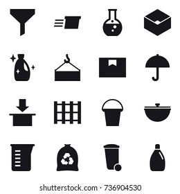 16 vector icon set : funnel, delivery, round flask, box, cleanser, bucket, cauldron, measuring cup, garbage bag, trash bin