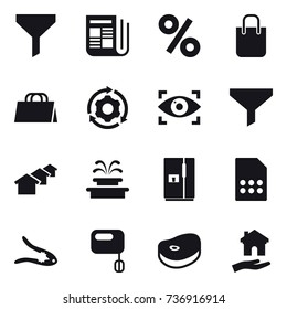 16 vector icon set : funnel, newspaper, percent, shopping bag, around gear, eye identity, houses, fountain, fridge, walnut crack, housing