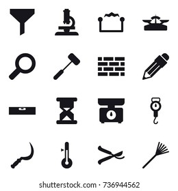 16 vector icon set : funnel, microscope, electrostatic, scales, brick wall, pencil, level, kitchen scales, handle scales, sickle, thermometer, pruner, rake