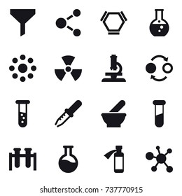 16 vector icon set : funnel, molecule, hex molecule, round flask, round around, nuclear, microscope, quantum bond, vial