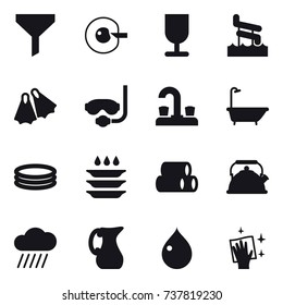 16 vector icon set : funnel, cell corection, aquapark, flippers, diving mask, water tap, bath, inflatable pool, plate washing, kettle, rain cloud, jug, drop, wiping